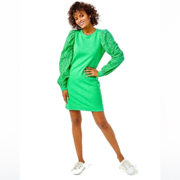 Lilly Pulitzer Jasona Eyelet Dress XS Lace Long Sleeve Kelly Green Easter Preppy - Picture 2 of 15